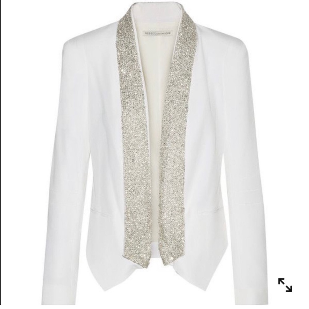 Rebecca Minkoff Silk Becky Sequin Embellished Ivory Blazer Jacket Silver 2 XS